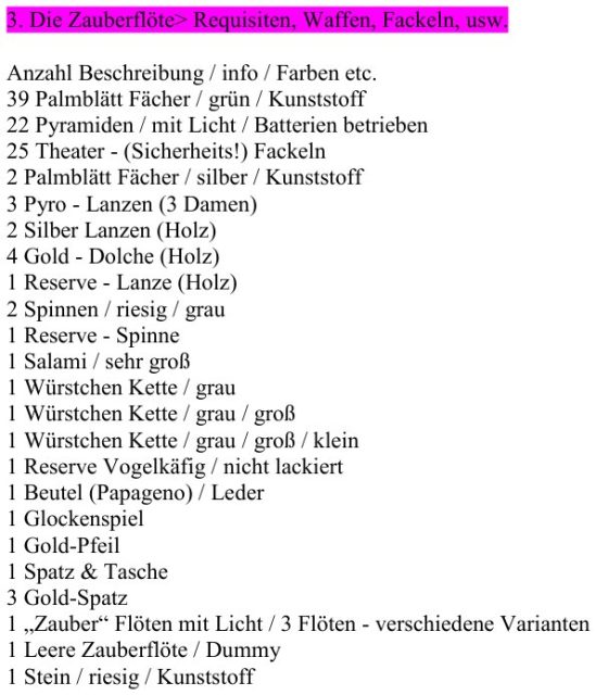 kompletter Kostümsatz „Die Zauberflöte“ – Gesamtliste