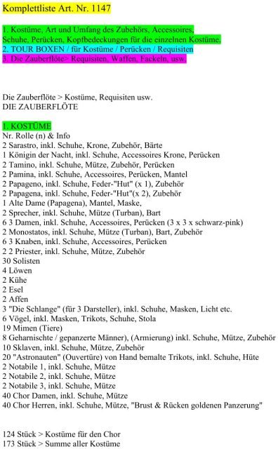 kompletter Kostümsatz „Die Zauberflöte“ – Gesamtliste
